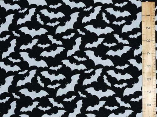 Halloween Prints Polycotton - Bats (White on Black)
