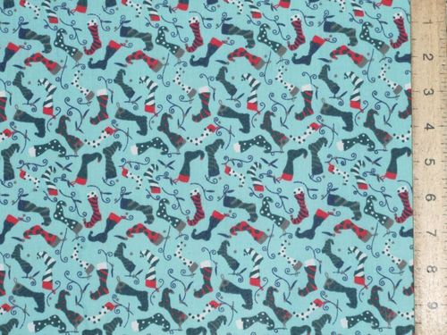 Xmas Stockings Printed Polycotton Fabric - Light Turquoise
