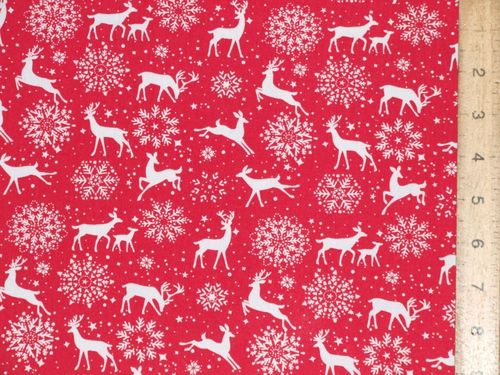 Xmas Reindeer Print Polycotton Fabric - Red