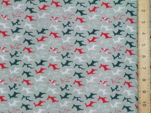 Xmas Small Reindeers Polycotton Fabric - Grey