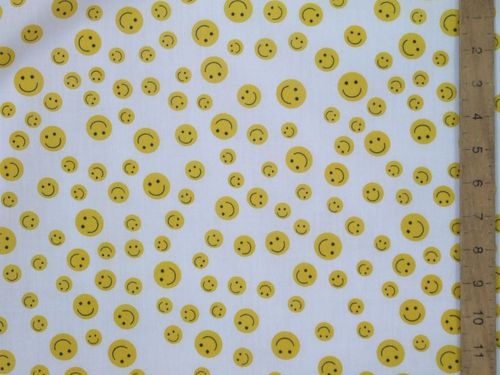 Smiley Faces Polycotton Fabric (White)
