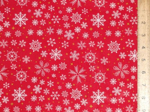 Snowflake Christmas Polycotton - Red & Gold