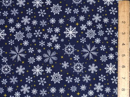 Snowflake Christmas Polycotton - Navy & Gold