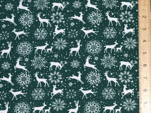 Xmas Reindeer Print Polycotton Fabric - Dark Green