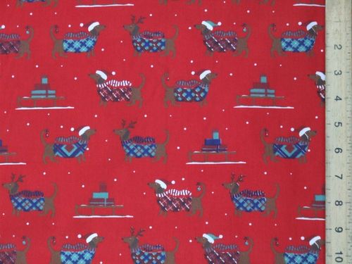 Xmas Dogs and Reindeers Print Polycotton Fabric - Red
