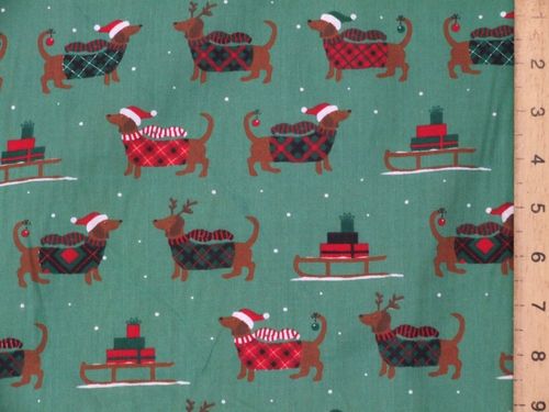Xmas Dogs and Reindeers Print Polycotton Fabric - Green